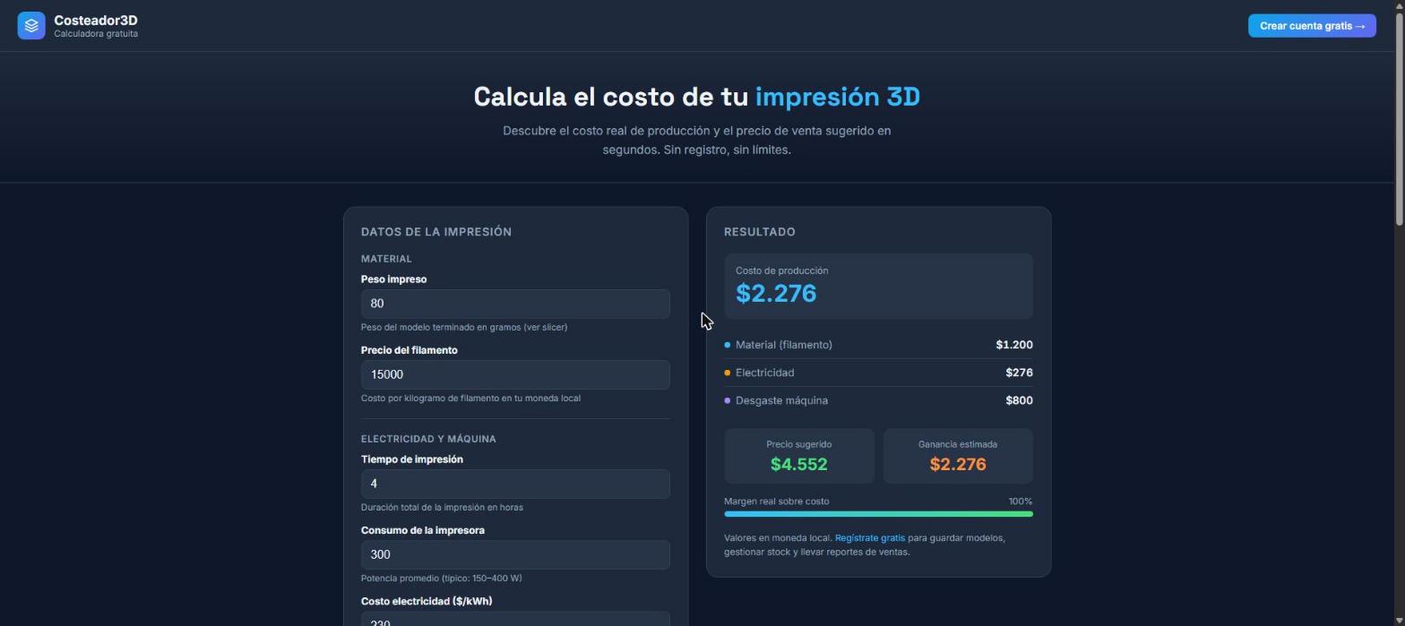 Calculadora de Costeador 3D mostrando el costo de producción desglosado en material, electricidad y desgaste de máquina.