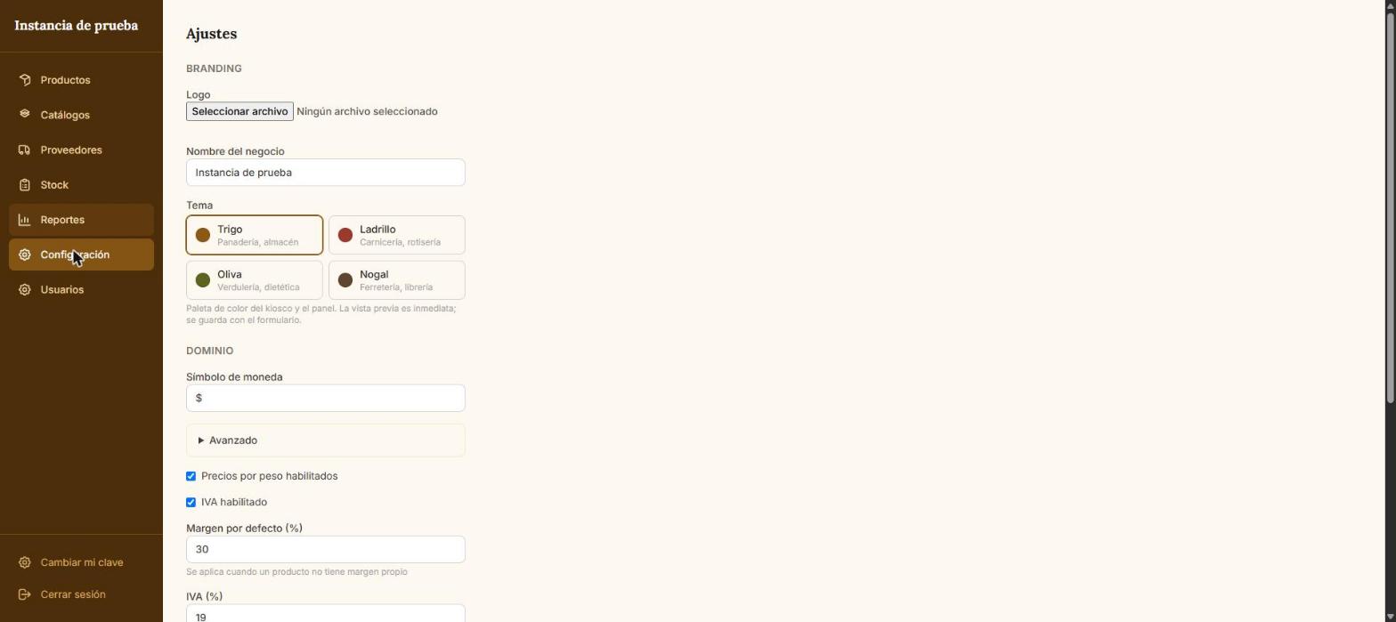 Panel de configuración del negocio.