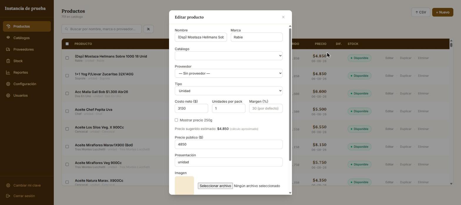 Modal para editar un producto.