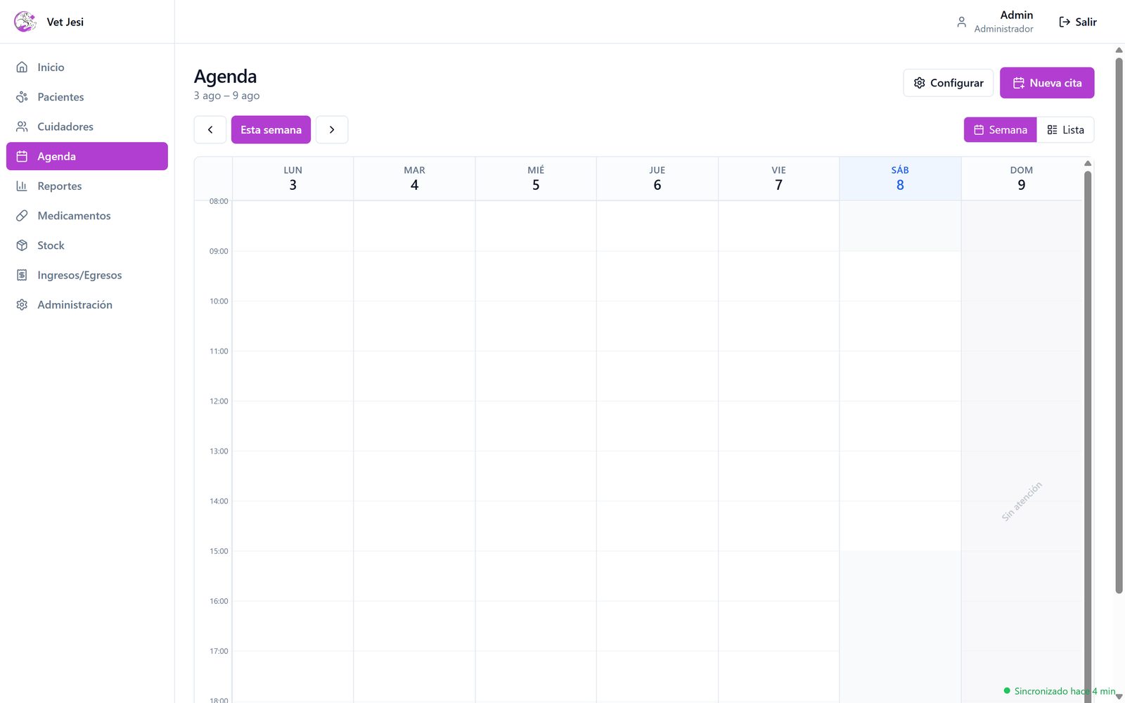 Agenda semanal de citas con horarios de atención configurables.