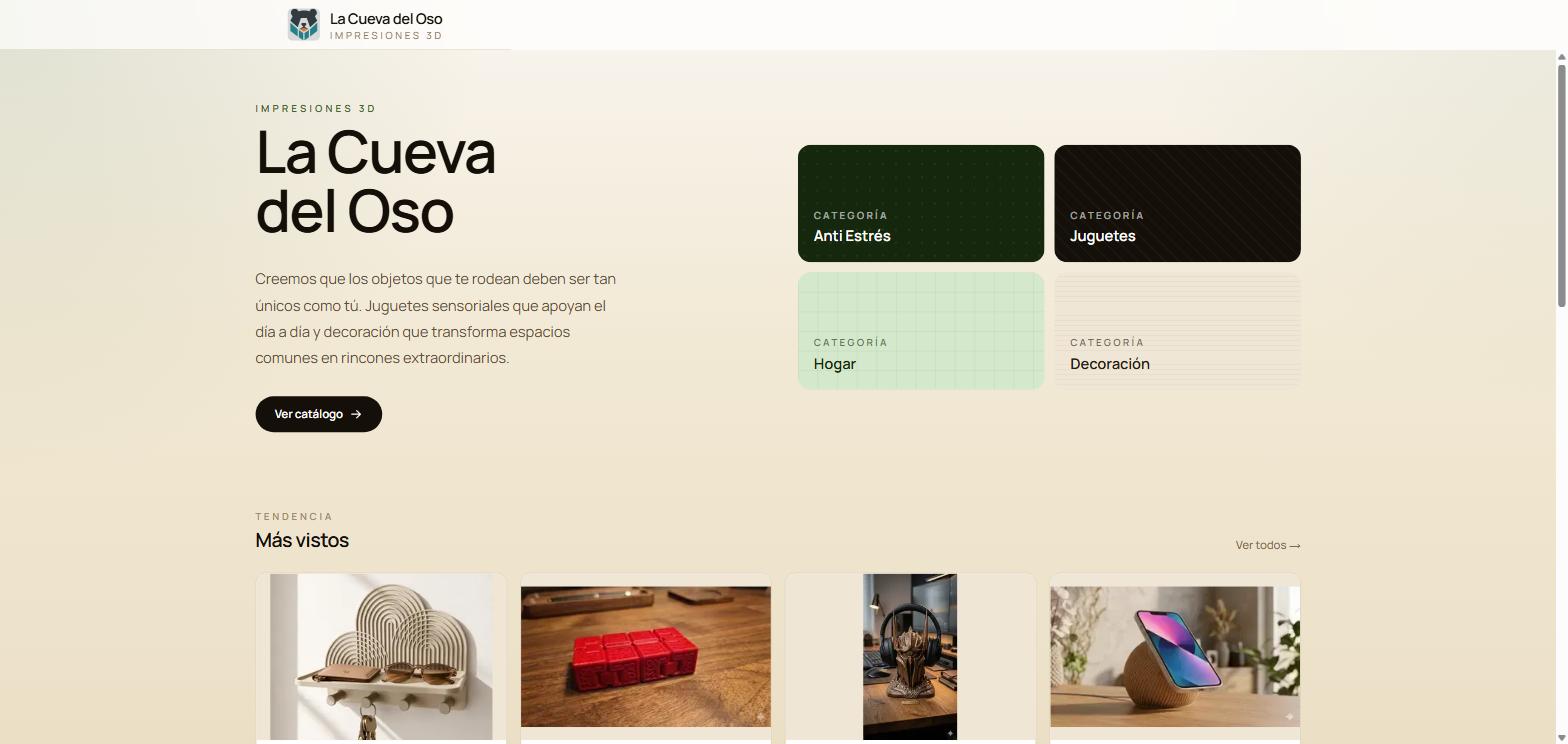 Página de inicio de la tienda online La Cueva del Oso 3D con catálogo de piezas impresas en 3D.