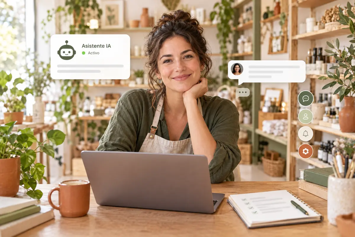 Dueña de una tienda sonriendo frente a su laptop, con una tarjeta en pantalla que dice Asistente IA activo y una conversación de mensajes
