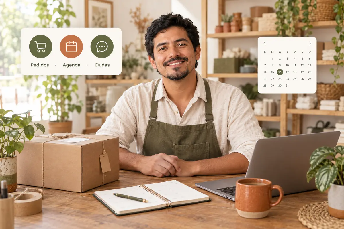 Dueño de una tienda sonriendo en su mesa, con una caja de envío, una agenda y tarjetas flotantes de Pedidos, Agenda y Dudas junto a un calendario