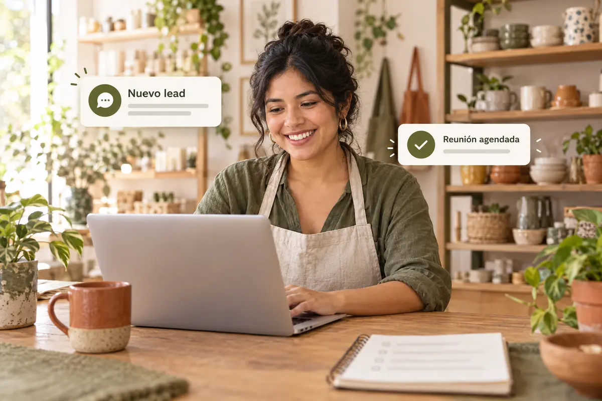 Dueña de un taller de cerámica sonriendo frente a su laptop, con avisos de Nuevo lead y Reunión agendada sobre la imagen