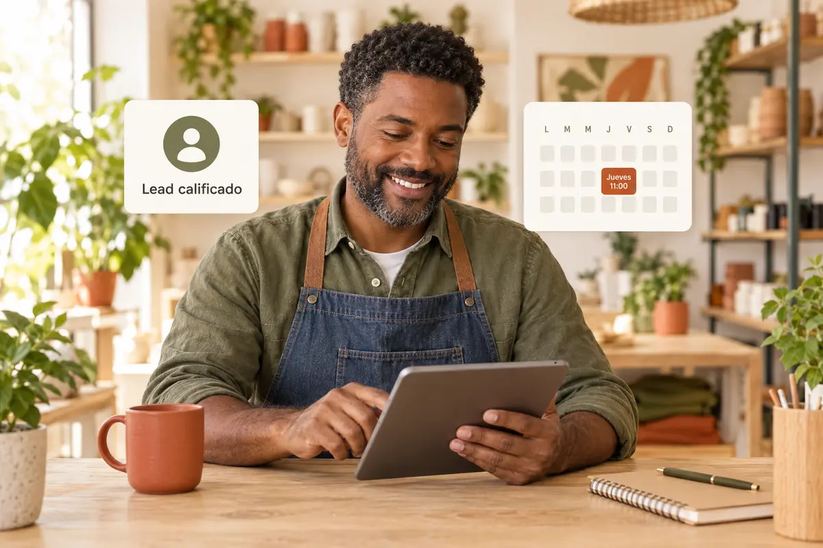 Dueño de un taller sonriendo mientras usa una tablet, con una tarjeta de Lead calificado y un calendario con una cita el jueves a las 11:00