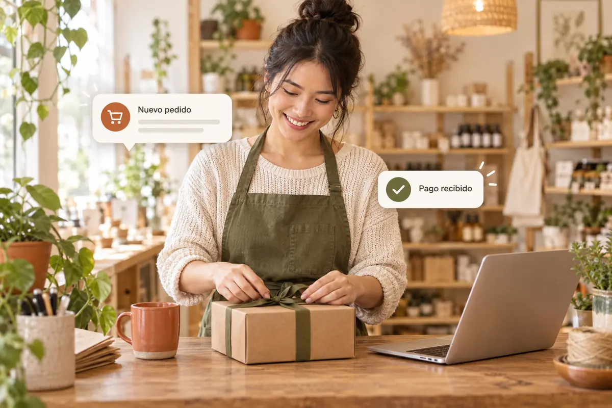 Emprendedora sonriendo mientras ata un lazo a una caja de envío, con avisos de Nuevo pedido y Pago recibido y una laptop a su lado