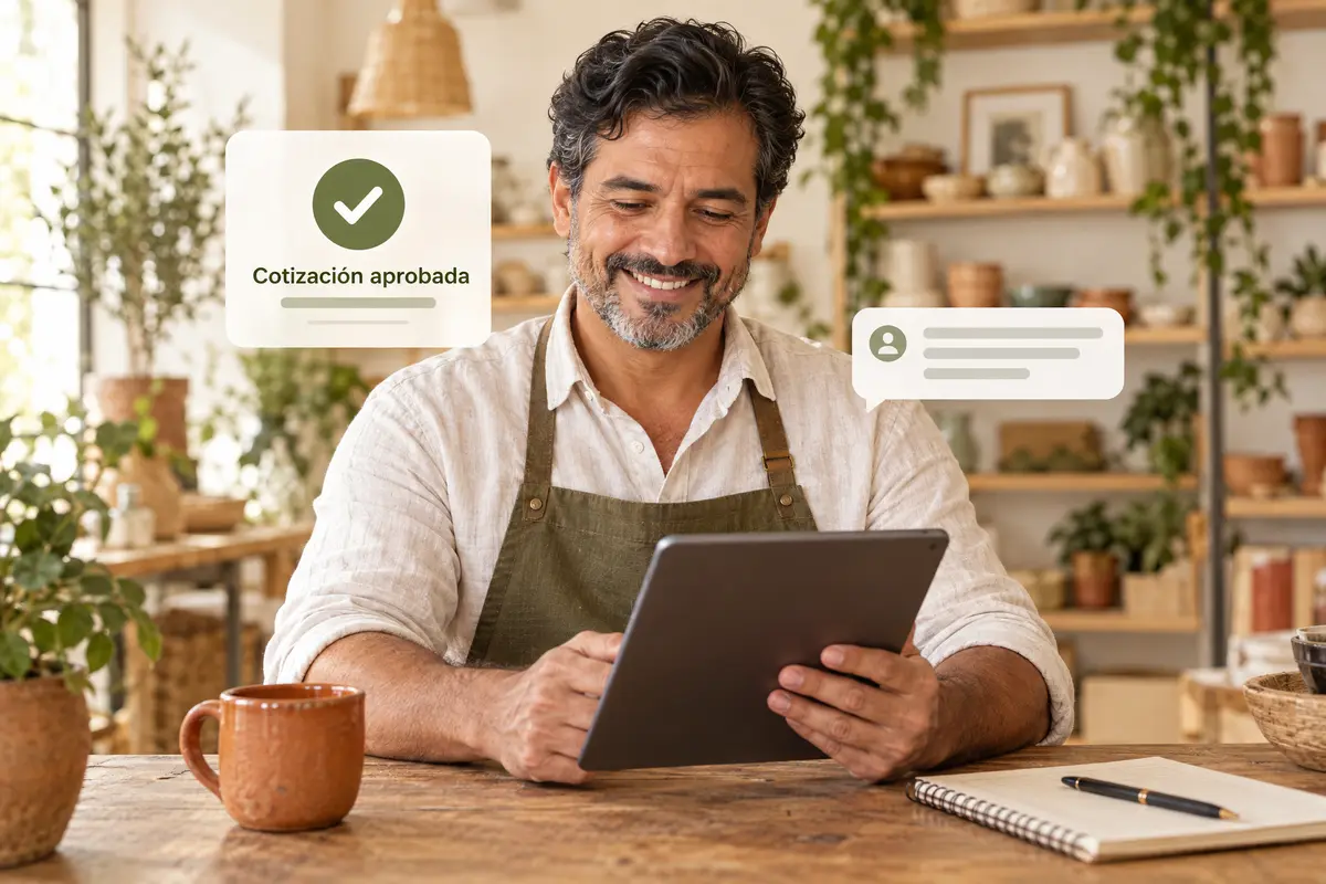 Dueño de una tienda sonriendo frente a una tablet, con una tarjeta de Cotización aprobada y un mensaje de cliente sobre la imagen