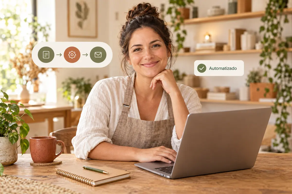 Emprendedora sonriendo con la mano en el mentón frente a su laptop, con un flujo de documento, engranaje y correo y un aviso de Automatizado