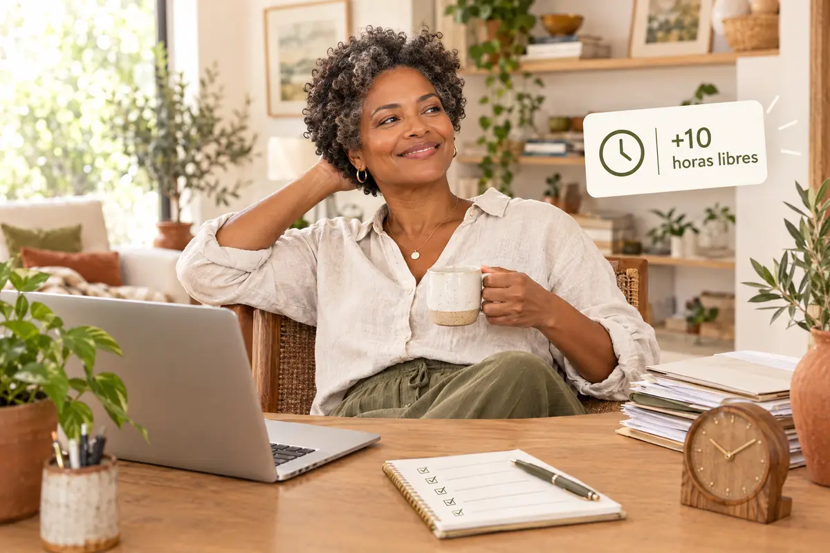Mujer sonriendo y relajada con una taza en la mano junto a su laptop, una lista de tareas marcadas y un aviso de más de 10 horas libres