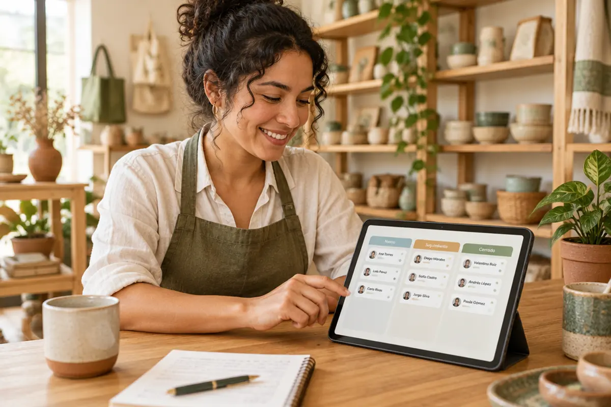 Dueña de una tienda de plantas sonriendo mientras mira en una tablet un tablero de clientes ordenado en columnas, con tarjetas de Nuevo, En conversación y Propuesta