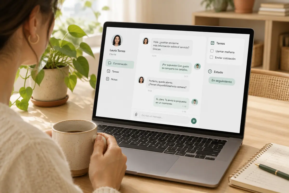 Pantalla con una lista de conversaciones y tareas de seguimiento, con tarjetas de Seguimiento hoy y Llamar el jueves, junto a una planta y una taza