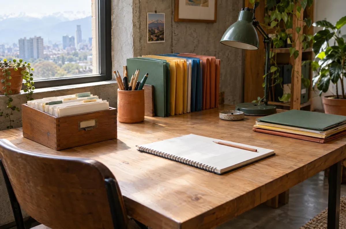 Escritorio con un fichero de clientes, carpetas de colores y un cuaderno abierto