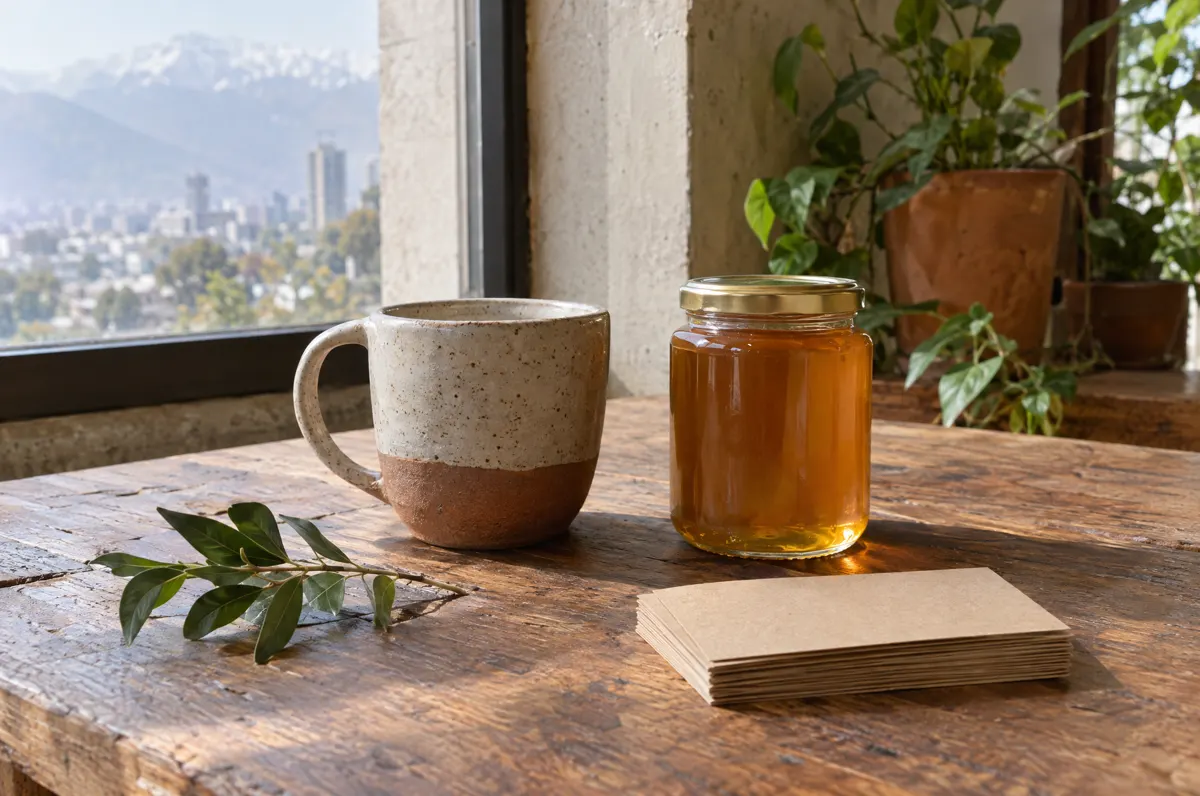 Frasco de miel y una taza de cerámica sobre una mesa de madera, junto a tarjetas de presentación sin imprimir