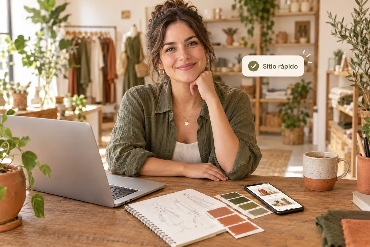 Dueña de una tienda de ropa sonriendo frente a su laptop, con un cuaderno de bocetos, muestras de color y un celular que muestra el sitio de su negocio