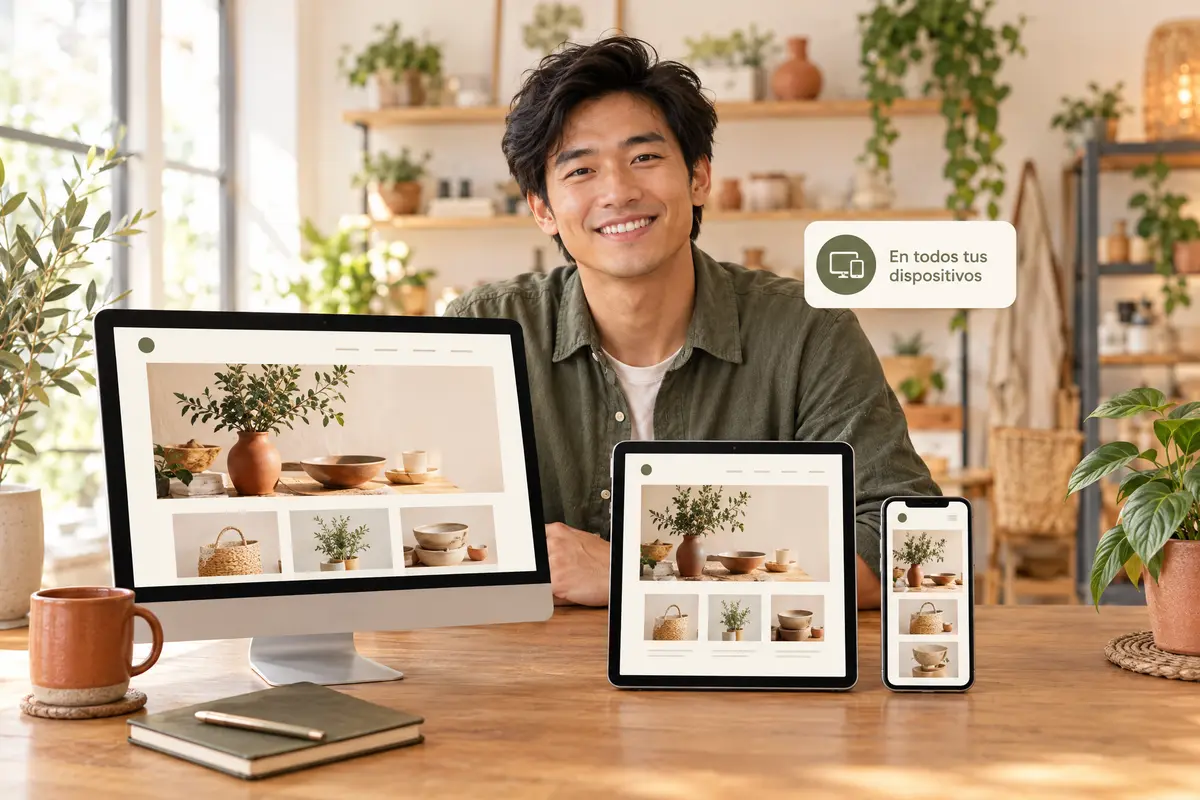 Emprendedor sonriendo junto a un computador, una tablet y un celular que muestran la misma página web de una tienda de cerámica