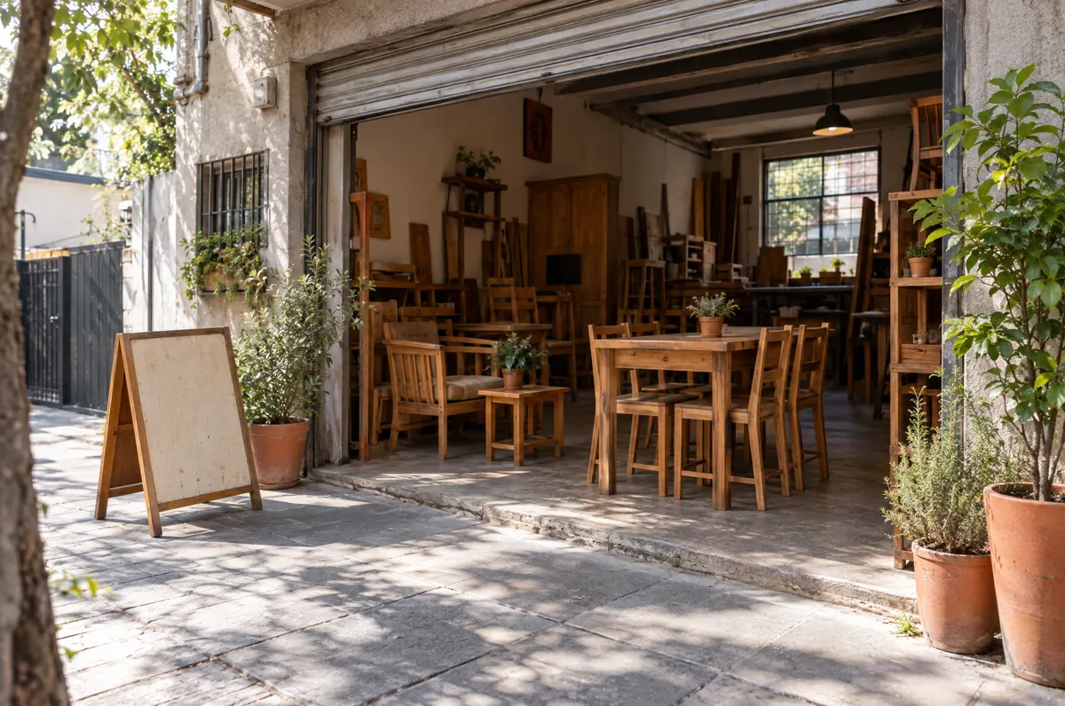 Entrada de una mueblería de barrio con la cortina abierta, mesas y sillas de madera a la vista y una pizarra en la vereda