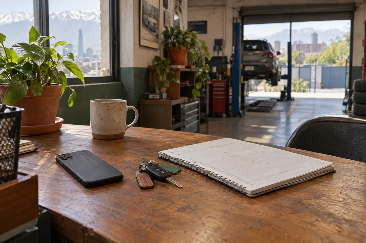 Escritorio de un taller mecánico con un celular, llaves de auto y una agenda, con un vehículo en elevador al fondo